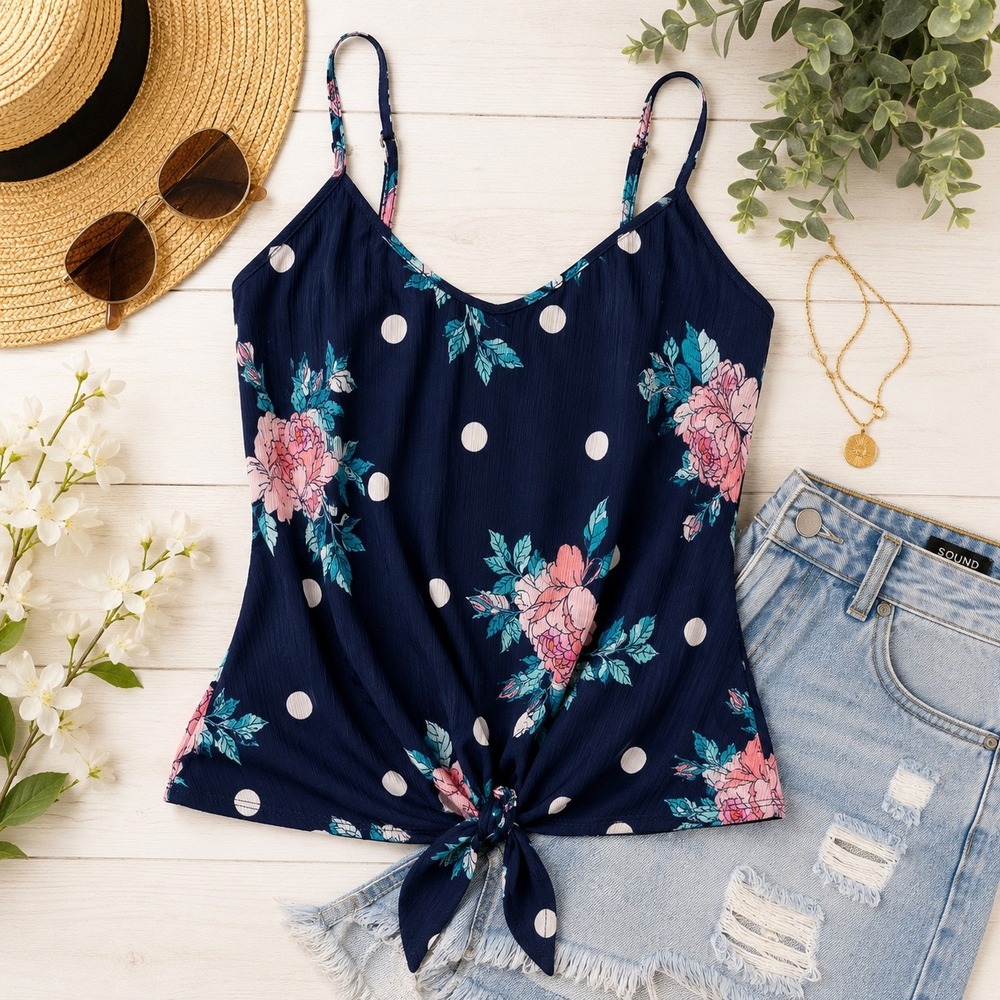 Secret Treasures Floral Polka Dot Cami flowy Tank Tie Front Navy women's‎ Medium